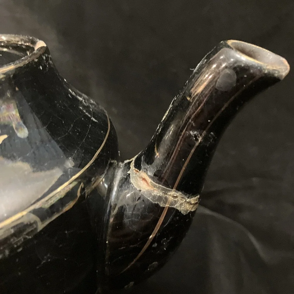 Hand Painted VTG Black Teapot Gold Trim Moriage Raised Dots Japan Glued Spout